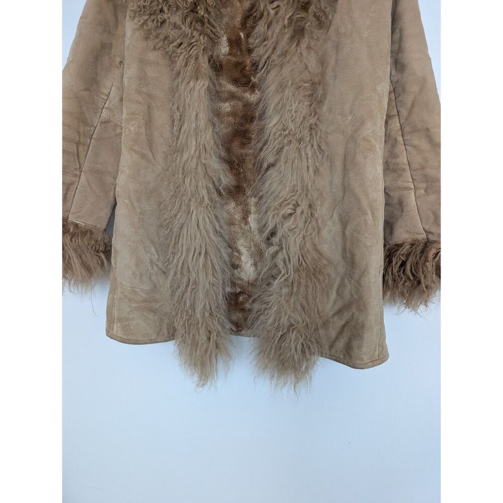 Vintage Real Leather Fur Trim Tan Penny Lane Longline Coat Jacket Sz S XOXO - Picture 9 of 16